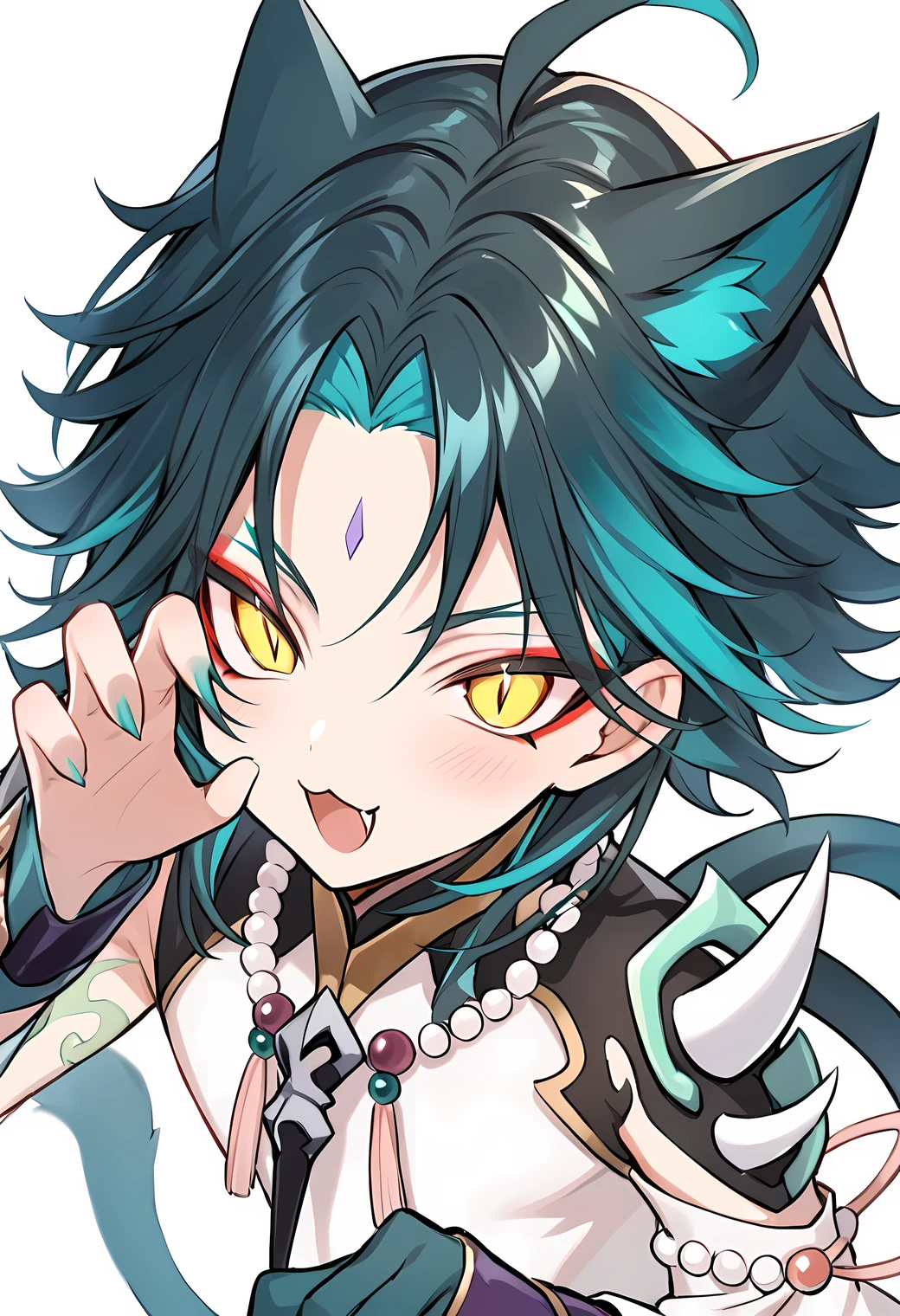 none background, white basic background, cat ear, cat tail, slight blush, craw pose, open mouth, meow mouth, :3, five finger, (\xiao\), 1boy, solo, male focus, jewelry, beads, bead necklace, ahoge, bangs, tassel, makeup, red eyeshadow, slit pupils, eyeshadow, Perfect Hands
