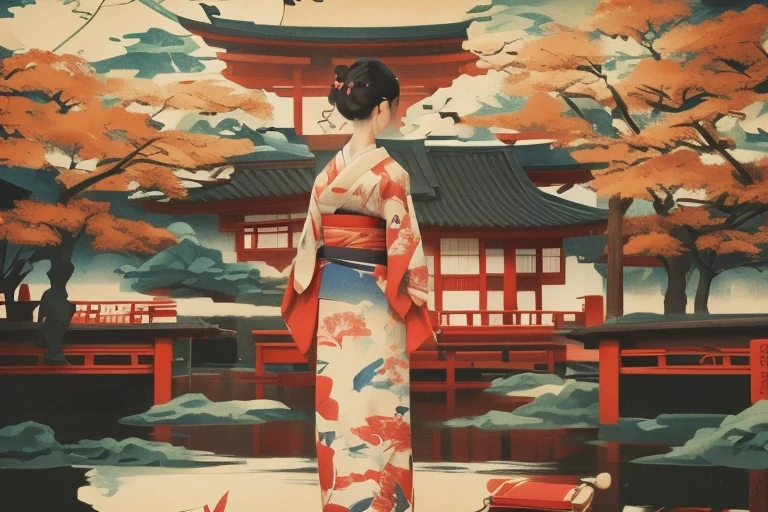 A painting of a woman in a kimono standing on a boat, The art of Japan style, inspired by Utagawa Hiroshige II, In the Ukiyo-e art style, inspired by Koson Ohara, The art of Japan art, Ukiyo-e style, Ukiyo-e style, The art of Japan, feudal japan art, The art of Japan on behance