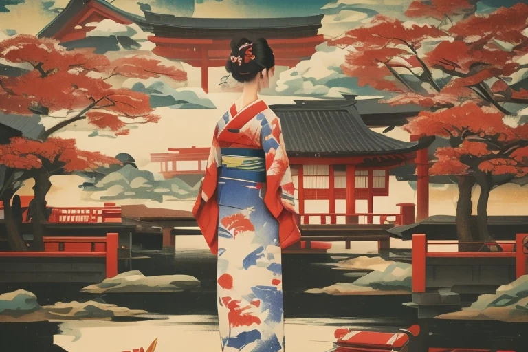 A painting of a woman in a kimono standing on a boat, The art of Japan style, inspired by Utagawa Hiroshige II, In the Ukiyo-e art style, inspired by Koson Ohara, The art of Japan art, Ukiyo-e style, Ukiyo-e style, The art of Japan, feudal japan art, The art of Japan on behance