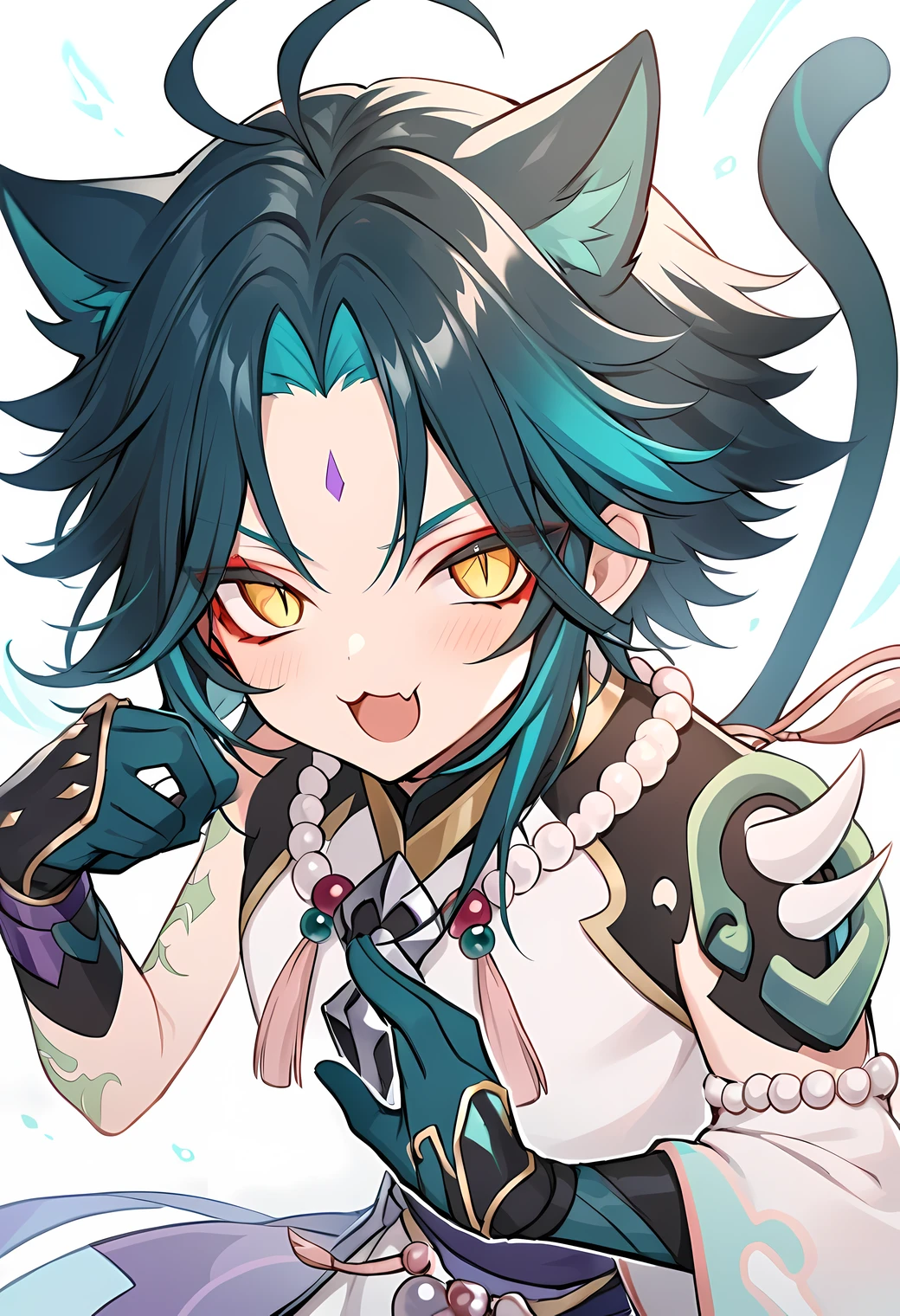 genshin impact background, white basic background, cat ear, cat tail, slight blush, craw pose, open mouth, meow mouth, :3, five finger, (\xiao\), 1boy, solo, male focus, jewelry, beads, bead necklace, ahoge, bangs, tassel, makeup, red eyeshadow, slit pupils, eyeshadow, Perfect Hands