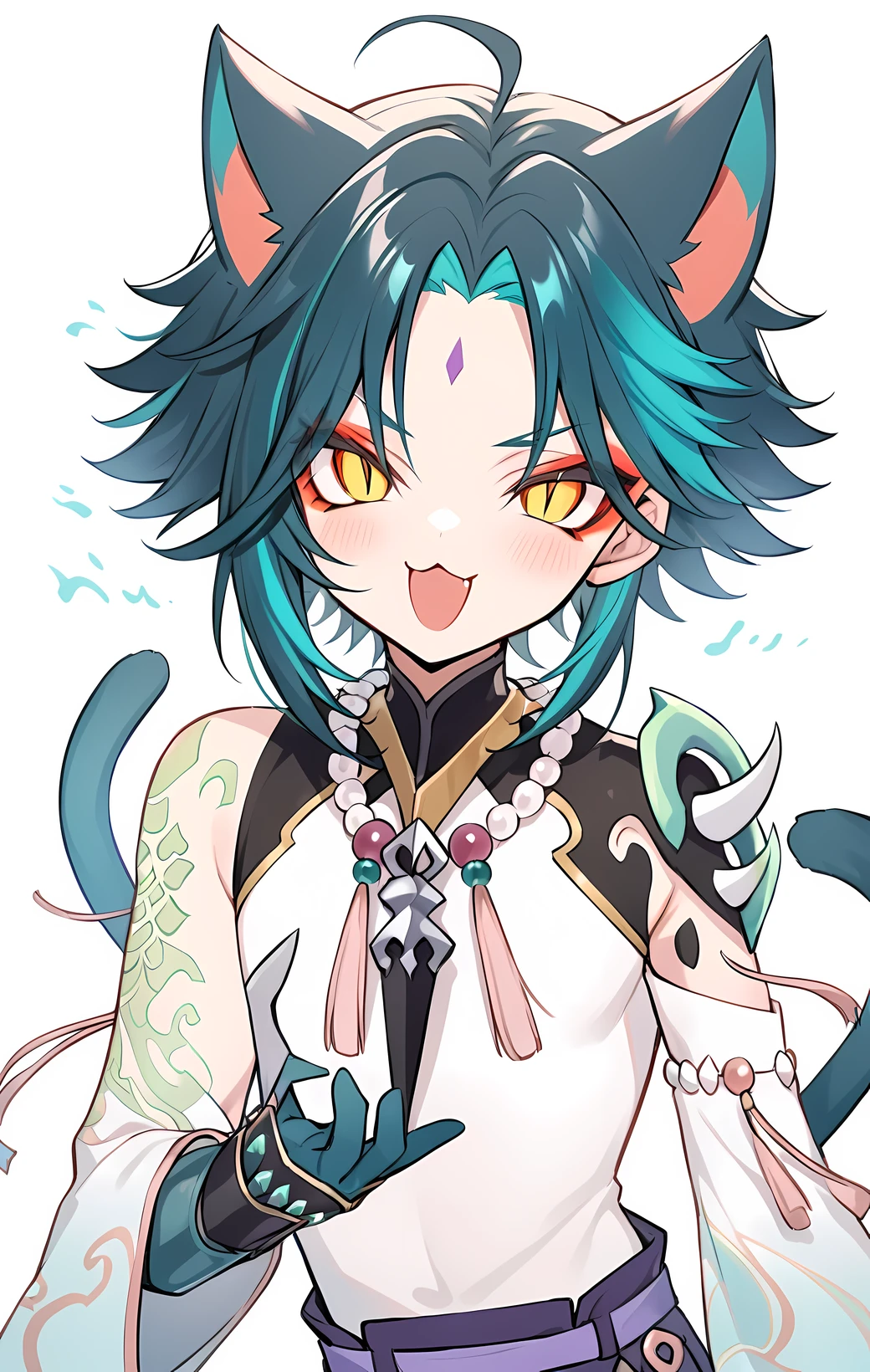 none background, white basic background, cat ear, cat tail, slight blush, craw pose, open mouth, meow mouth, :3, five finger, (\xiao\), 1boy, solo, male focus, jewelry, beads, bead necklace, ahoge, bangs, tassel, makeup, red eyeshadow, slit pupils, eyeshadow, Perfect Hands