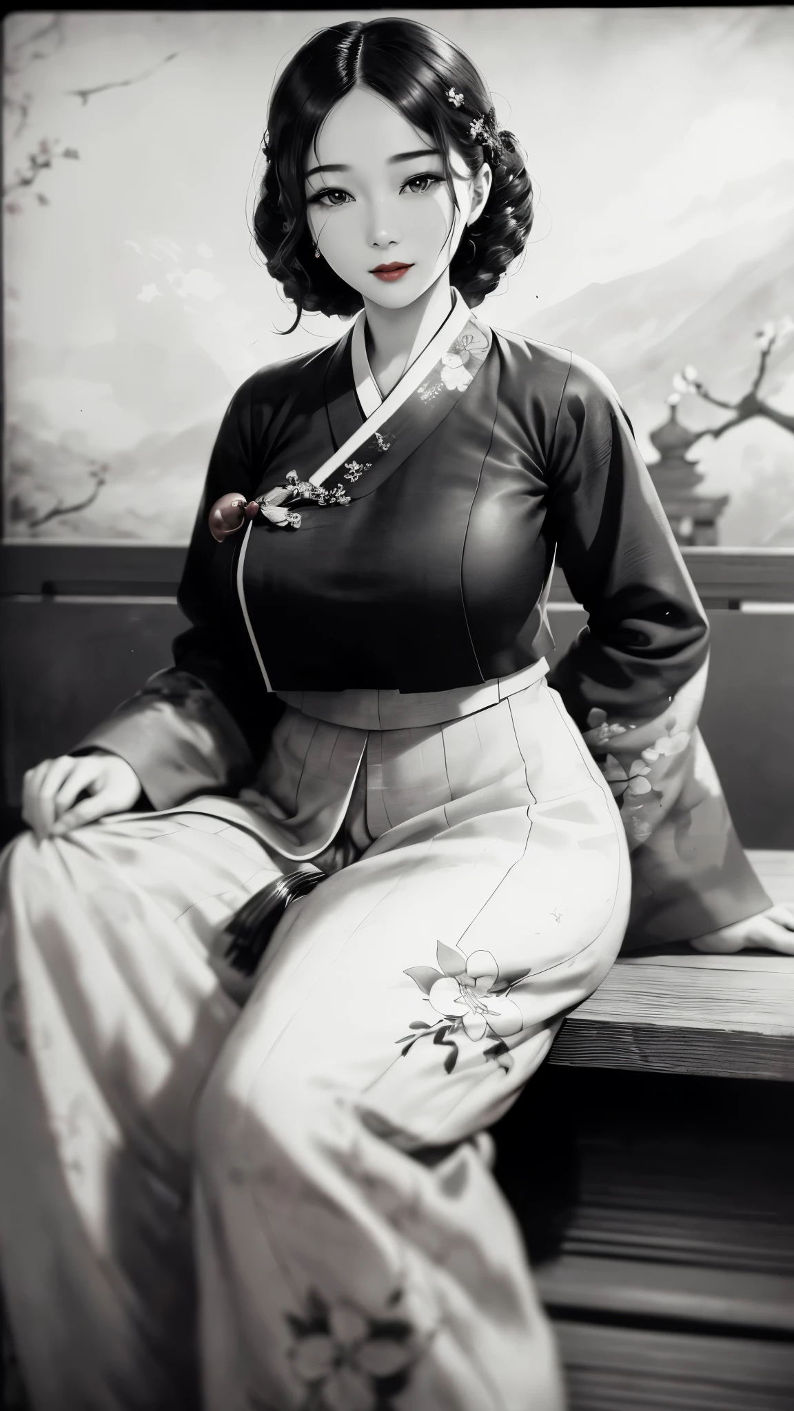 (best quality, 8K, masterpiece: 1.3), ((((((Incredibly huge breasts: 0.8))))), hairpin, (beautiful face:1.3), plum blossom ink painting background,authentic hanbok, 1920s photo studio, (Feels like a faded photo: 1.4), old photos, smile, (black and white photography: 1.5), 1920s Hanbok style and hairstyle, retro style, red highlight, red jeogori, red lips, well proportioned body