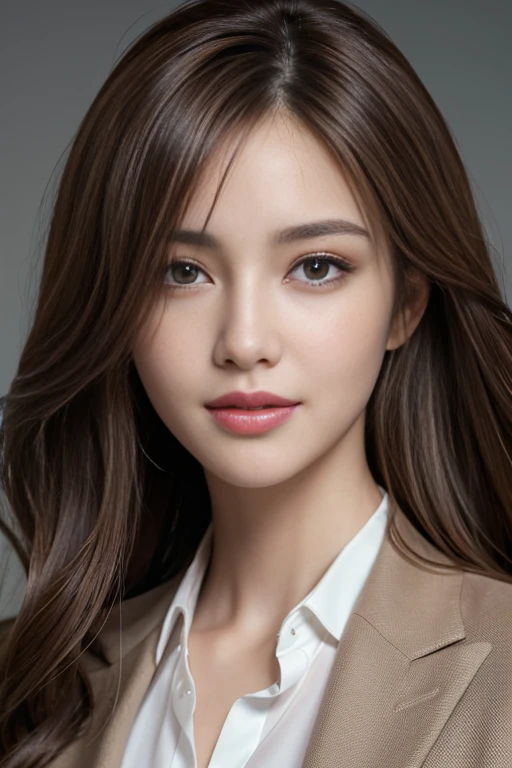 masterpiece, best quality, Practical, Ultra Detailed, Attention to detail, high resolution, 8k wallpaper, A beautiful woman,, Light brown messy hair, Wearing a suit, Sharp focus, Perfect dynamic composition, Beautiful and delicate eyes, Fine hairs, Detailed Practical skin texture, Smile, Close-up portrait, Model figure