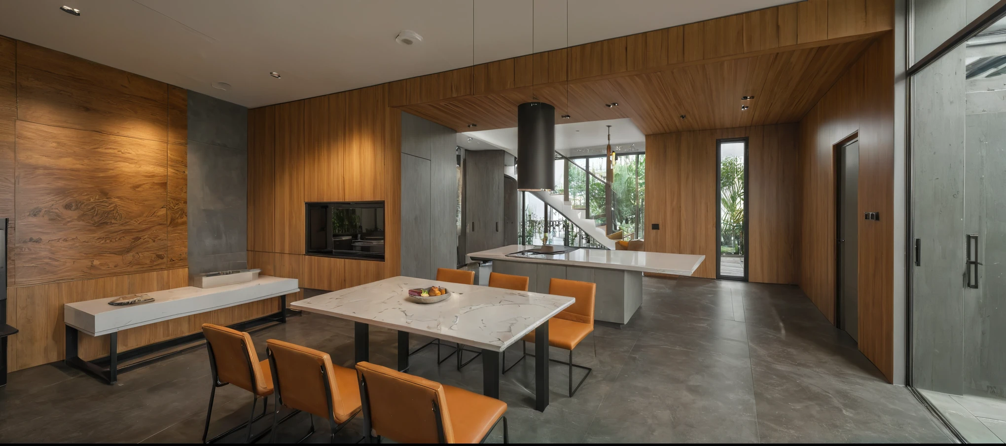 Raw photo,Masterpiece, high quality, best quality, authentic, super detail,
interior, indoors, living room style modern, wooden wall, floor to ceiling glass door, ascent island kitchen, cement floor
, (daylight:1.1), vivid colour, (realistic:1.2),