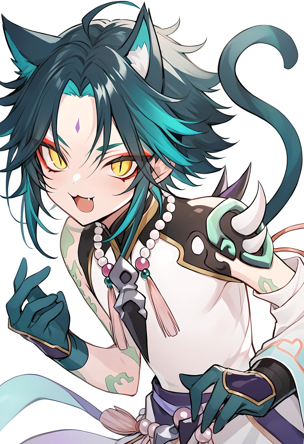 none background, white basic background, cat ear, cat tail, slight blush, craw pose, open mouth, meow mouth, :3, five finger, (\xiao\), 1boy, solo, male focus, jewelry, beads, bead necklace, ahoge, bangs, tassel, makeup, red eyeshadow, slit pupils, eyeshadow, Perfect Hands