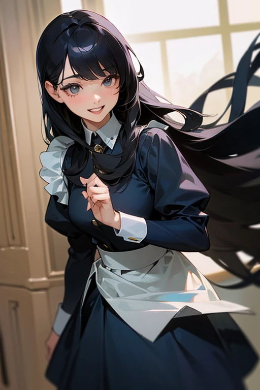 (Highest Resolution, clear_image) highest quality, Single person, One Woman, alone, masterpiece, Very detailed, Semi-realistic, Black Hairのショートヘア, Black Hair, bangs, 18-year-old, mature, light blue uniform, uniform, Indoor Background, kind, Authoritative, powerful, exquisite features, exquisite features、Eyelashes become longer、Showing teeth、smile😀、Maid clothes、touching hair