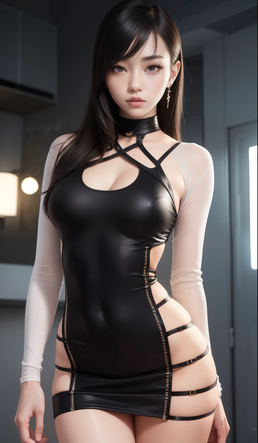 8K, Masterpiece, RAW photo, Best quality, detail:1.2),Photorealistic, Extremely detailed CG unifies 8K, 8K, Diamond, and wallpaper, Depth of field, Cinematic light, Lens flare, Ray tracing, (Extremely beautiful face, Beautiful lips, Beautiful eyes), intricate detail face, ((ultra detailed skin)) 1girll, Pretty Korean girl, Kpop idol,(slender fit body), ((view the viewer)), (bodycon minidress), (Injection sleeve) , background Night city, (neon lights), Pretty Korean girl, Earrings, Clear eyes, Walking , (Pale skin), (Big eyes), ((upperbody shots)), bodycon minidress, tight mini dress , yellow mini dress, single color dress, black choker, side shot, slim figure, healthy thighs, thigh gap