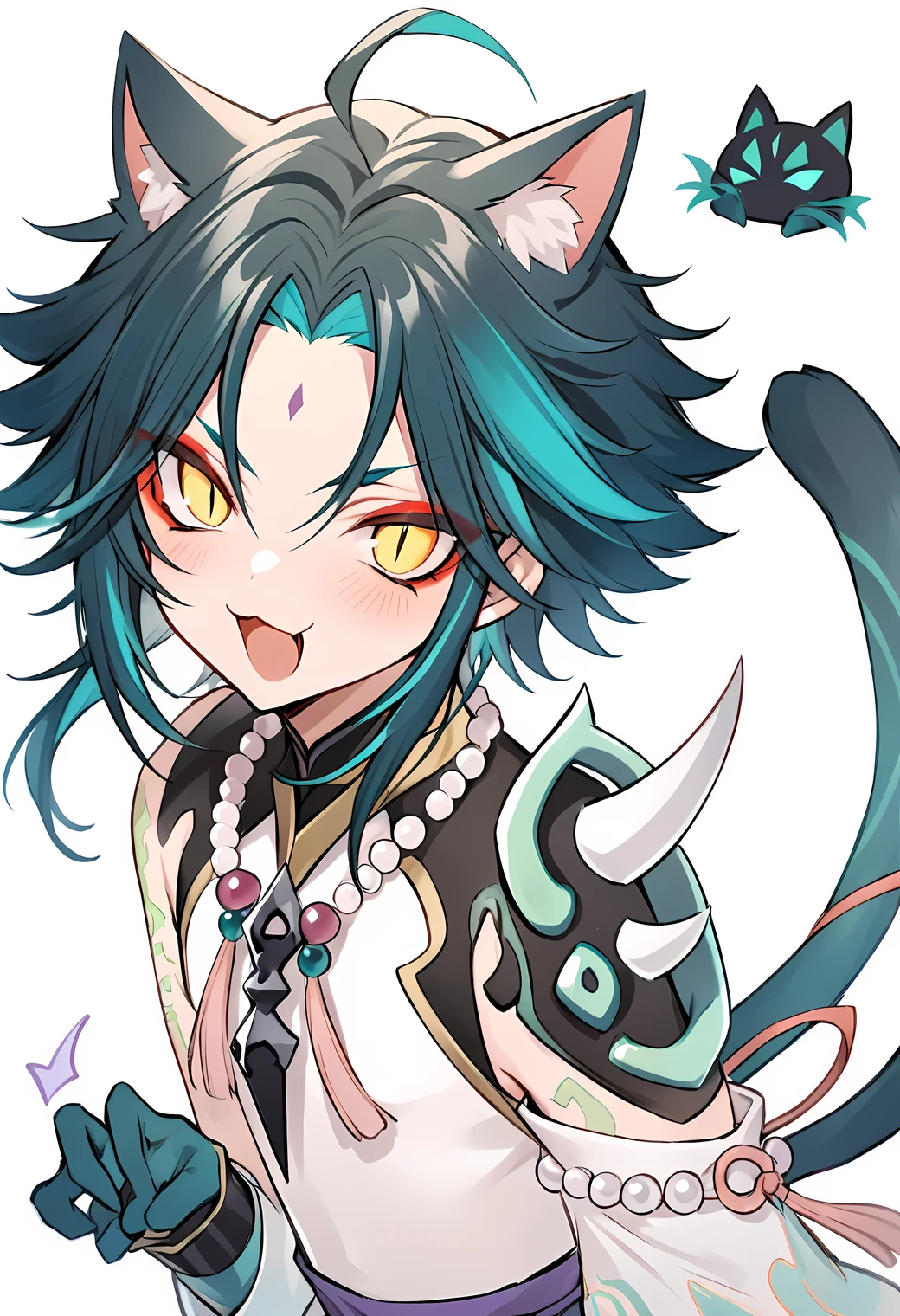 none background, white basic background, cat ear, cat tail, slight blush, craw pose, open mouth, meow mouth, :3, five finger, (\xiao\), 1boy, solo, male focus, jewelry, beads, bead necklace, ahoge, bangs, tassel, makeup, red eyeshadow, slit pupils, eyeshadow, Perfect Hands