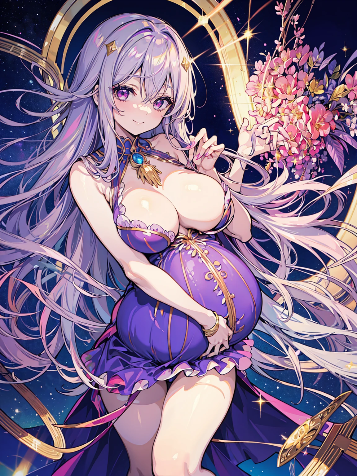 Anime beautiful goddess, Great Harlot Babylon, ultra girl, pregnancy,purplish silver hair,motherhood, prostitute's smile,bukkake,Goddess maternity dress decorated with lapis lazuli and gold,divine power, the sacred light, the pink halo,in Heaven,