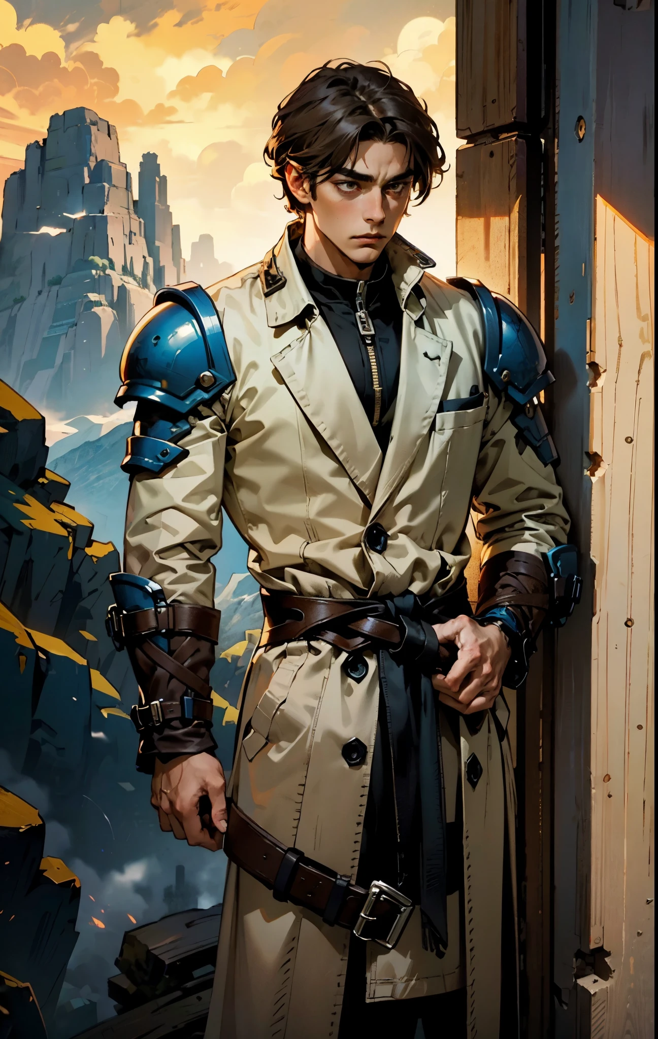 A man with short sandy brown hair, long side-parted bangs, a melancholic gaze, a troubled expression, pale skin, a fantasy-style gray trench coat with a large collar, under which lies leather chest armor, a black belt, worn-out yellowish shoulder pads and wrist guards, utility trousers, the backdrop of a mountain wilderness at night, this character embodies a finely crafted fantasy-style adventurer in anime style, exquisite and mature manga art style, high definition, best quality, highres, ultra-detailed, ultra-fine painting, extremely delicate, professional, perfect body proportions, golden ratio, anatomically correct, symmetrical face, extremely detailed eyes and face, high quality eyes, creativity, RAW photo, UHD, 32k, Natural light, cinematic lighting, masterpiece-anatomy-perfect, masterpiece:1.5