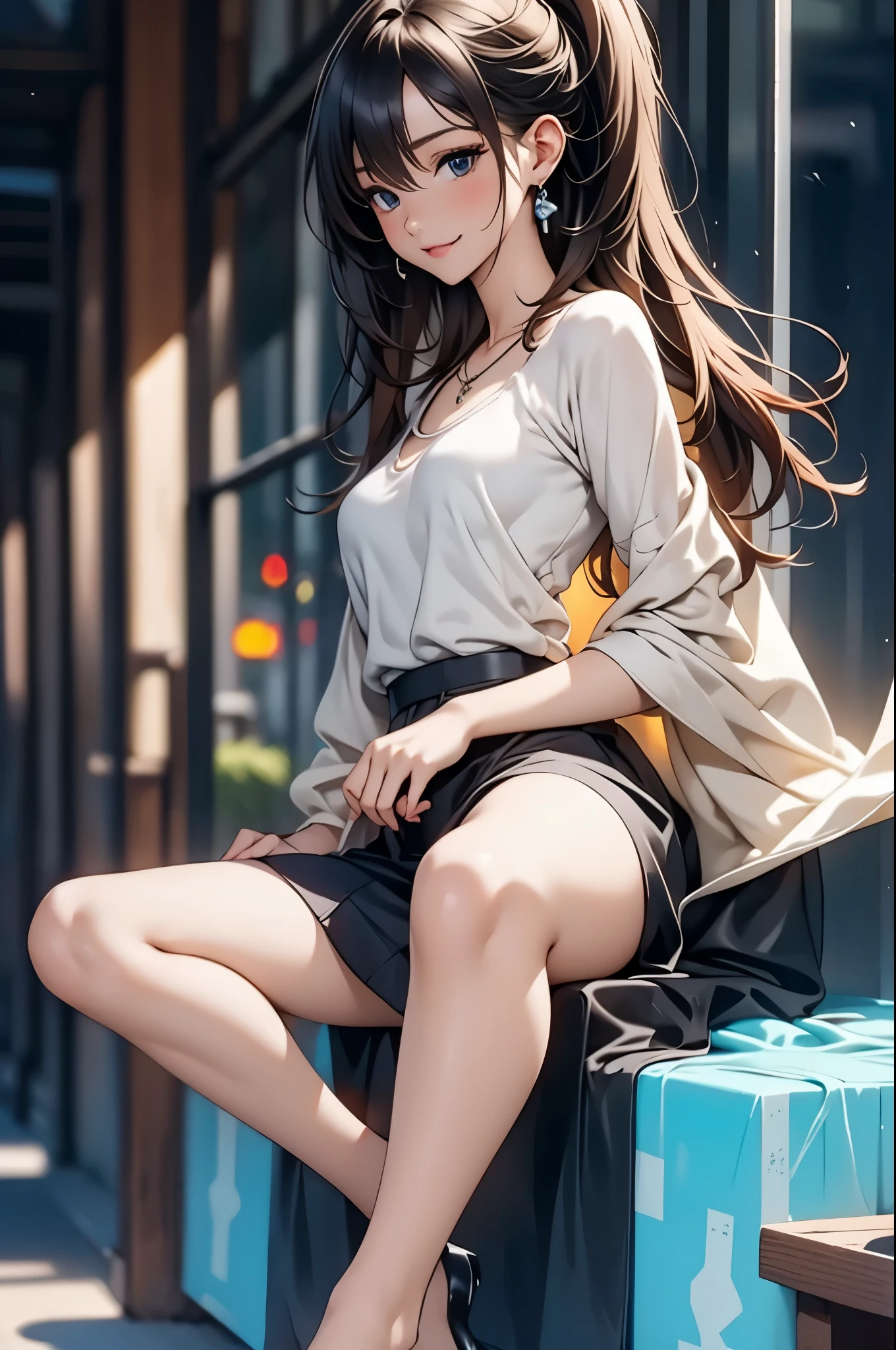 ((Biologically correct number of limbs))、(( Full body photo including face))、4K、Masterpiece、((focus on the face))、((Symmetrical facial features))、Eyes with detailed description、Beautiful woman、Outstanding style、Beautiful arms、Beautiful legs、Beautiful Hands、(slender)、Detailed depiction of faces、Small earrings、necklace、(White glossy uniform、shiny skirt、High heels、Glowing Skin)smile、(Beautiful legsのアップ)、Sweat