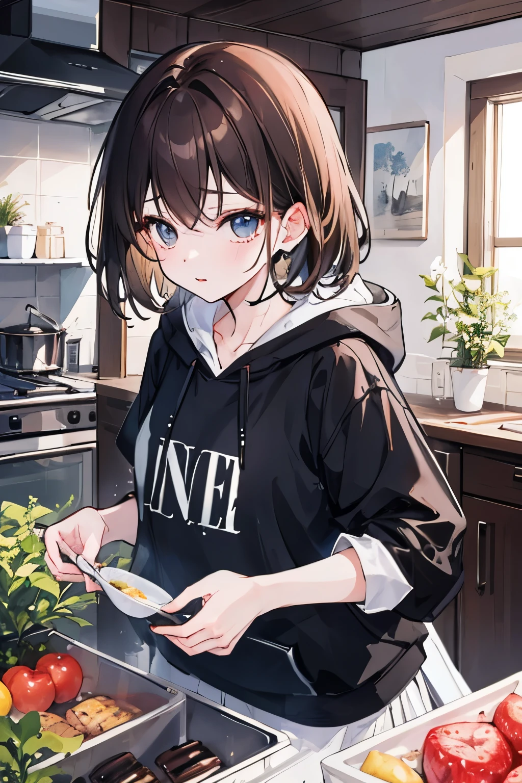 ((highest quality)), ((masterpiece)), (detailed), Perfect face house、kitchen、Rummage through the fridge、
Girl with brown hair、black and white hoodie、cute、
