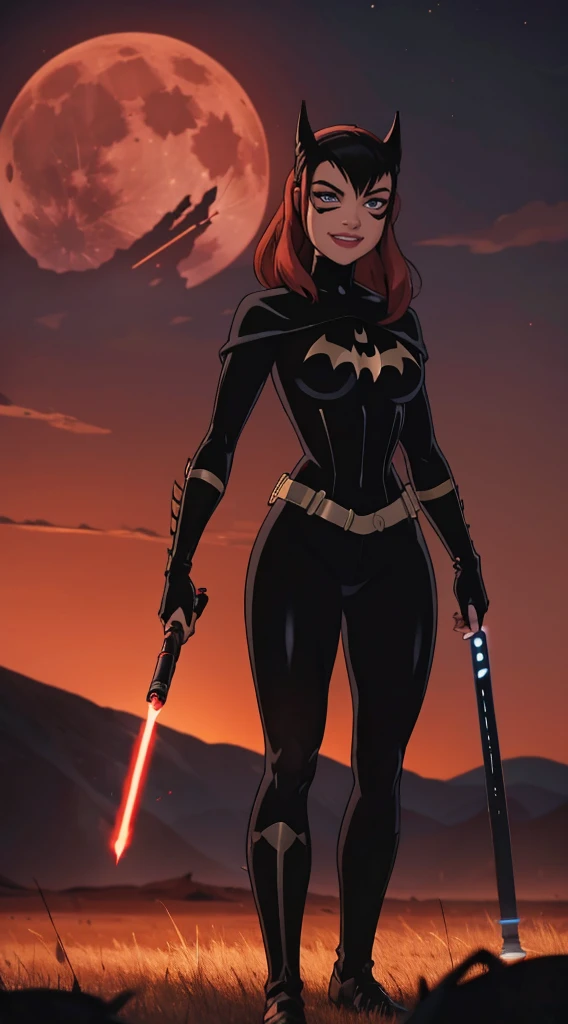 Beautiful female warrior stands with lightsaber in burnt field at night　Turn、Look at me with a sexy smile　　Bright red sky, Big Moon　Smooth black hair　full body Esbian　Looking at the camera, barbara gordon  face