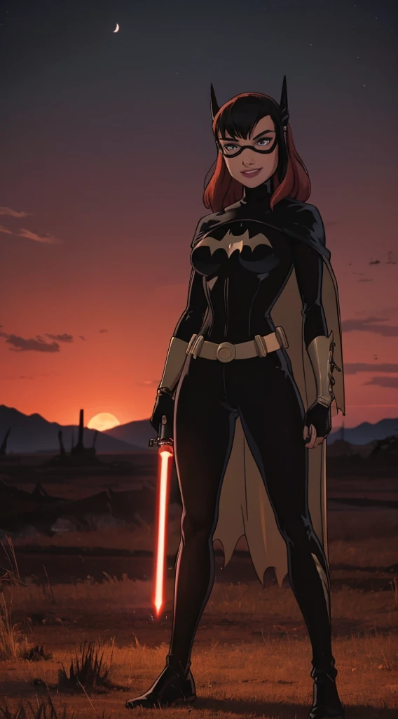 Beautiful female warrior stands with lightsaber in burnt field at night Turn、Look at me with a sexy smile Bright red sky, Big Moon Smooth black hair full body Esbian Looking at the camera, barbara gordon face