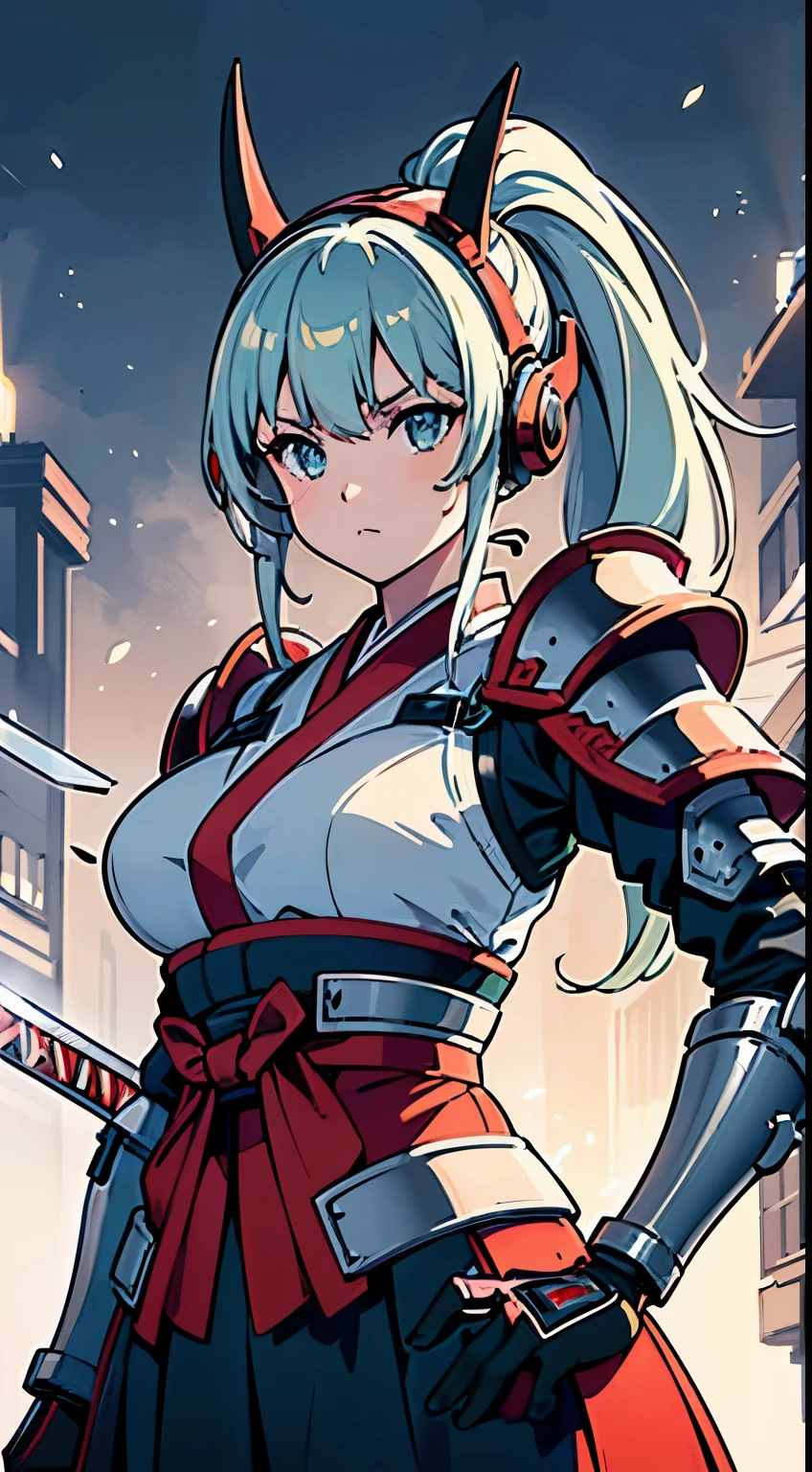 (Dynamic pose:1.3)、(Cyber Headphones:1.3)、Beautiful woman,(((head shot:1.5)))、(((samurai kimono)))、 (((Mechanical Samurai、Machinery Armor))), ((Perfect figure, Beautiful Face, Beautiful Face, Ponytail Hairstyles, Beautiful Skin, Very detailed髪, Finer details)), (Completely android woman)、(((Cinema Lighting, Beautiful lighting effects, Creative Design, Full Body Frame, Divine Aura, hard Harmony , Perfect color change, Perfect contrast balance, Perfect color layers, Perfectly smooth color bleeding, Soft Rendering, smooth color strokes, Optical Lenses, Soft colors, Smooth color blending, Perfect color expression, Harmony, perfect color Harmony, Beautiful colors, soft Harmony, Particles of light, Perfect detail, Intricate details, color prism, Finer details, Finer details))), super high quality, Very detailed,Perfect drawing,alone, beautiful girl, masterpiece, (mecha musume), Machinery Armor, headgear, Mechanical Wing, brandishing a sword、Samurai with a huge gun, Black ponytail, Her hair is tied with a big red ribbon, Equipped with two Japanese swords ((extra large cool samurai_Sword in hand, Huge and cool weapon machine)), Open Stance, Action pose,purgatory , ((highest quality))),8k,((masterpiece)),(Very sophisticated and beautiful)