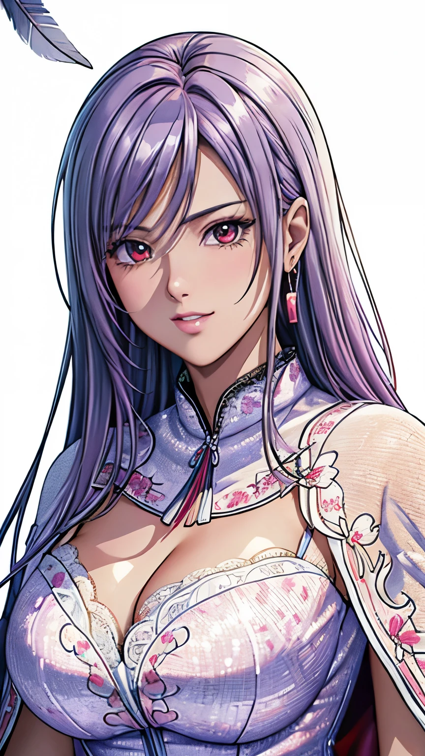 red eyes, (highest quality, masterpiece painting:1.3), immature woman, , (half body shot), masterpiece, ultra high resolution, (Photoreal:1.0), ((light purple hair)),straight hair, beautiful shining hair, white and shining skin, ((Ultra realistic details)), octane rendering, highly detailed face, (big breasts:0.8), (make a heart with hands), (((Wearing Fluorescent fabric:harem outfit,Suzhou embroidery technique:Lace sequin cloak woven from feathers))), Fabric Glows, open neckline, cleavage, perfect body, soft skin, White cherry blossom embroidery pattern, silver earrings, (pure white background:1.4), sharp focus, intricate details, professional artwork, (bright colors:1.1), bright colors, diffused lighting, digital blending, ultra-definition body, ultra detail hair, super detailed face, that'It's trending on pixiv, top button open, Cute gaze, compensate, perfect lips, perfect compensate, Ultra-precision coating, (light_smile:0.8), (smugness:1.2),blush your nose,