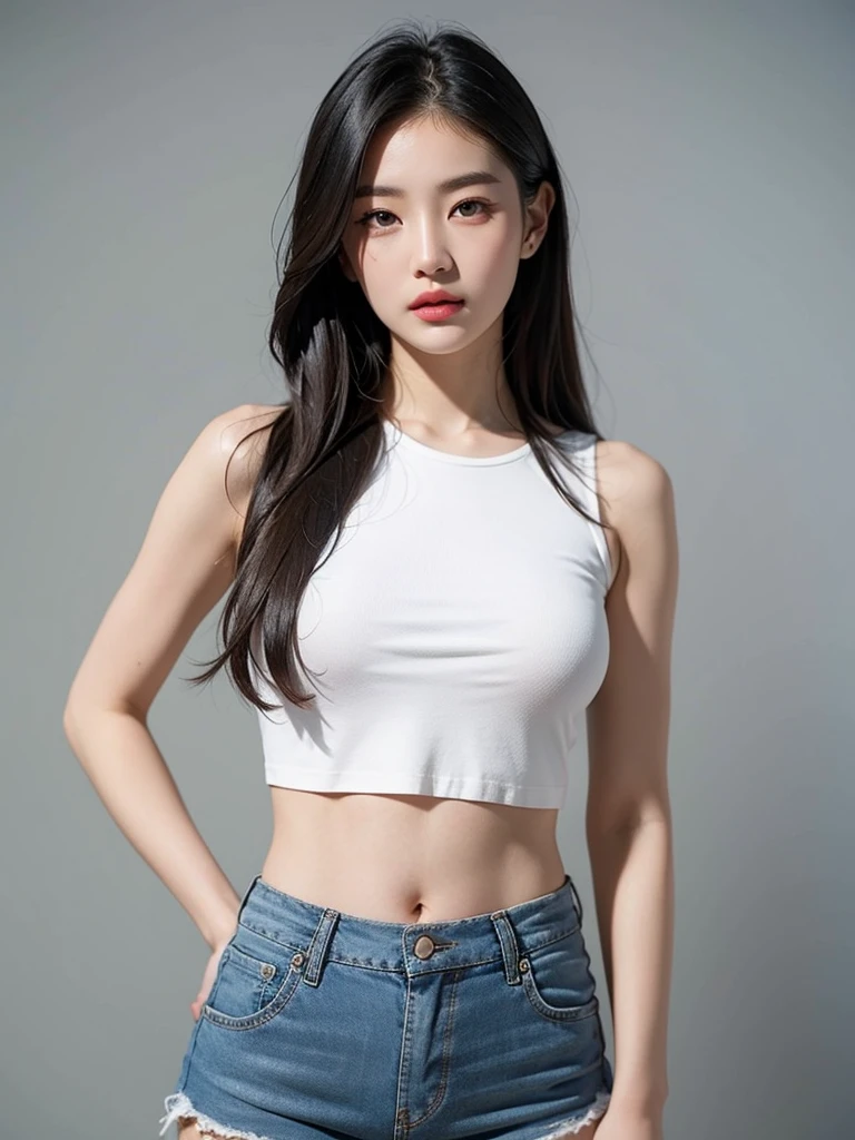 arafed woman in a black top and blue shorts posing for a picture, beautiful Korean women, Gorgeous young Korean woman, Beautiful young Korean woman, Korean girl, ulzzangs, Beautiful Asian girl, 19-year-old girl, Shin Jinying, Korean woman, Chinese girl, A young Asian woman, jaeyeon nam, Young Asian girl, Good young girl