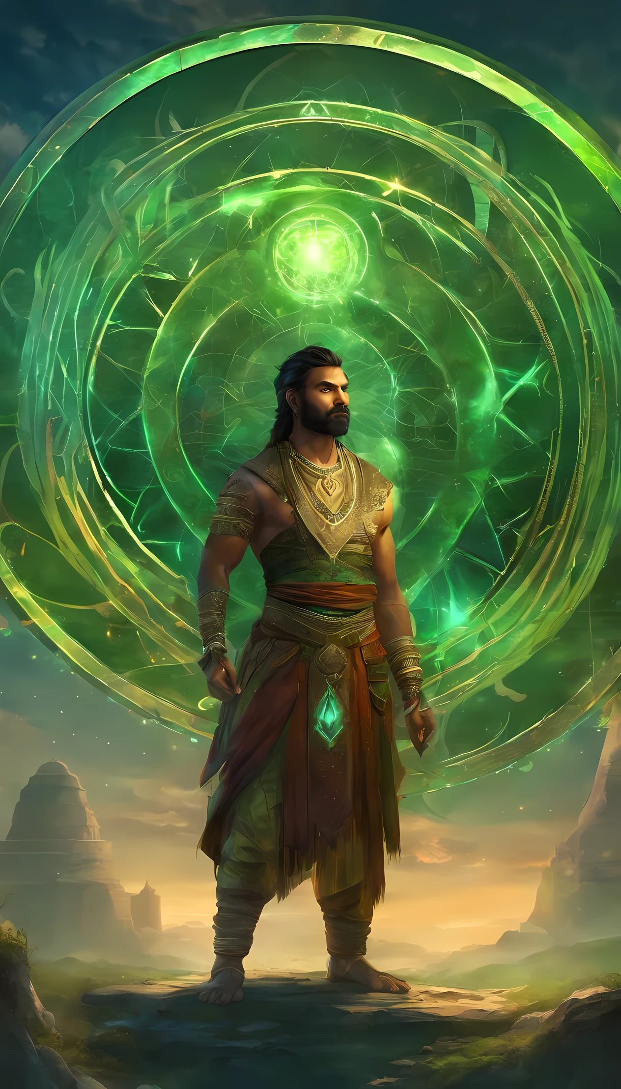 A magic circle floats in the Sky, (An Indian man stands in front of the magic circle facing the camera: 1.4), halberd in left hand, grimoire in right hand, Roaring Black tiger floats above magic circle, Black and green color theme, masterpiece, surrealism, ray tracing, 4K
