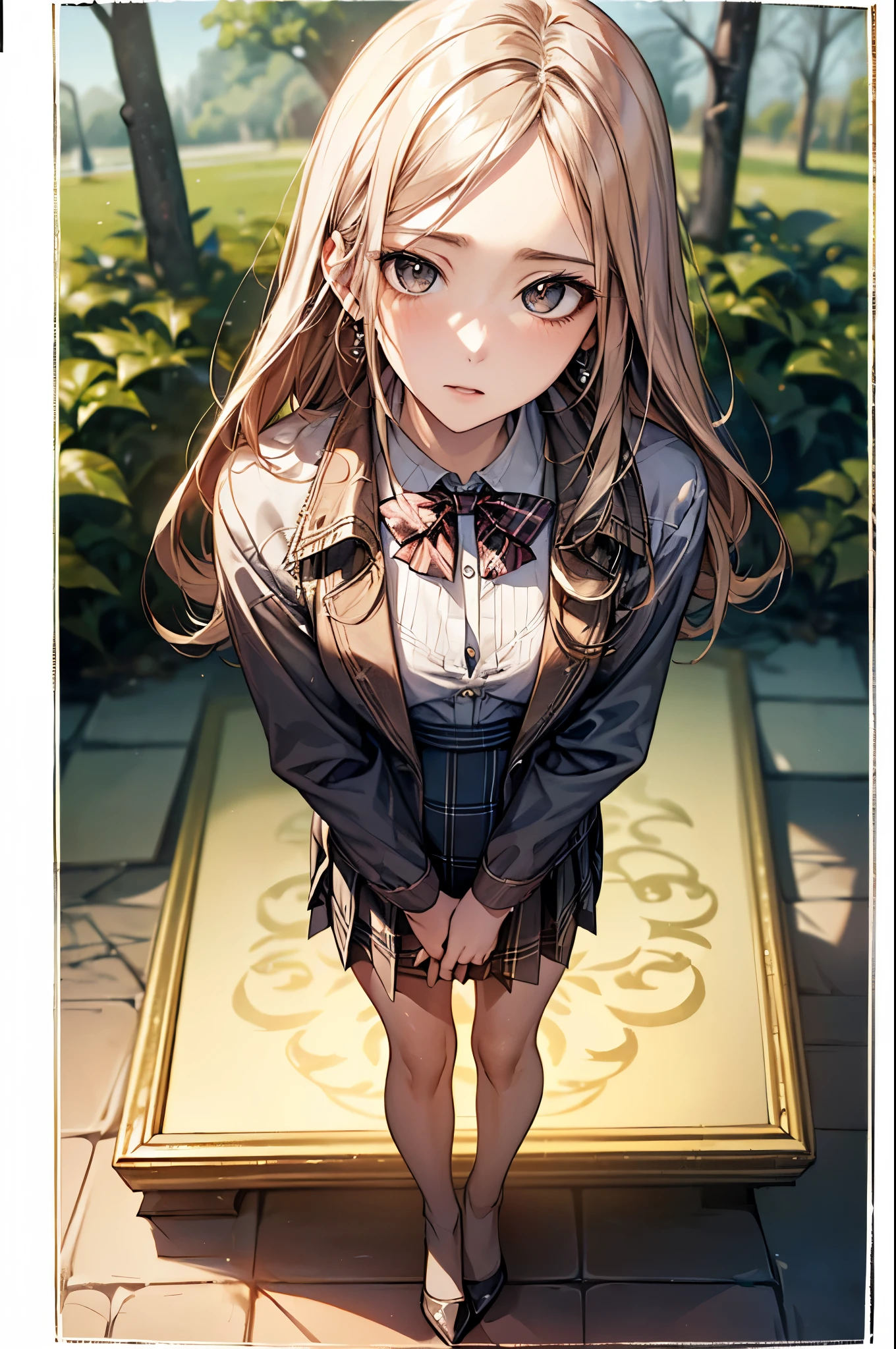 ((Biologically correct number of limbs))、(( Full body photo including face))、4K、((Standing posture))、Masterpiece、((focus on the face))、((Symmetrical facial features))、Eyes with detailed description、Beautiful woman、Outstanding style、Beautiful clavicle、Beautiful legs、Beautiful Hands、Slender Body、(stockings、High heels)、Detailed depiction of faces、Small earrings、necklace、(Jacket、shirt、(Checked skirt))、Sidelong glance、A bow tie、Holiday morning in the park、(((white frame photo)))、Droopy eyes、Photographed from diagonally in front