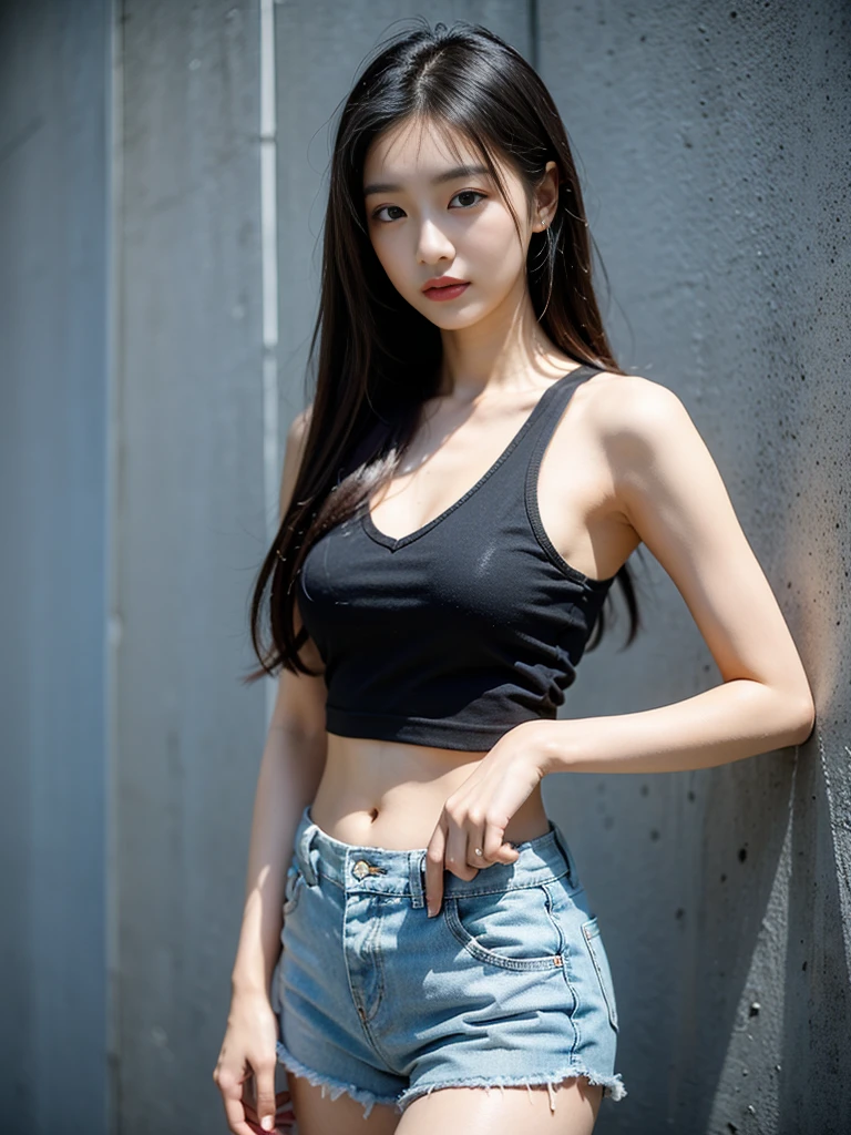 arafed woman in a black top and blue shorts posing for a picture, beautiful Korean women, Gorgeous young Korean woman, Beautiful young Korean woman, Korean girl, ulzzangs, Beautiful Asian girl, 19-year-old girl, Shin Jinying, Korean woman, Chinese girl, A young Asian woman, jaeyeon nam, Young Asian girl, Good young girl