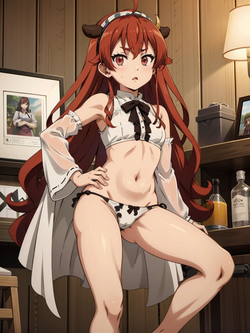 Eris boreas Greyrat, best quality, HD, detailed, detailed, jambes sexy, SFW, mini jupe, collants, underwear, standing up over the viewer, little cow cosplay 