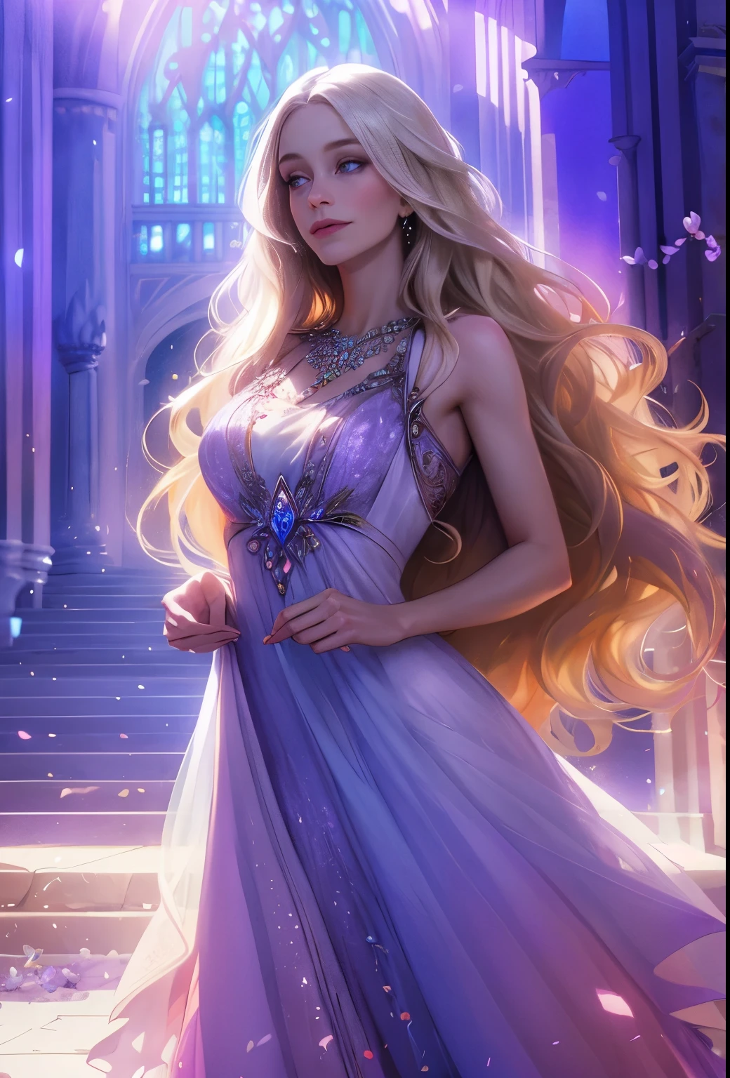 Fantasy, red blue, flowers, girl, long pale blonde wavy hair, lilac eyes, in a white light fantasy dress, crystal jewelry, bright halls of the castle, hd