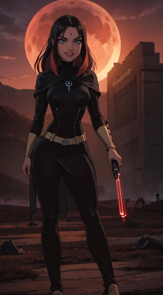 Beautiful female warrior stands with lightsaber in burnt field at night Turn、Look at me with a sexy smile Bright red sky, Big Moon Smooth black hair full body Esbian Looking at the camera, crystal ball shinning eyes, have waved with wind, eyelashes