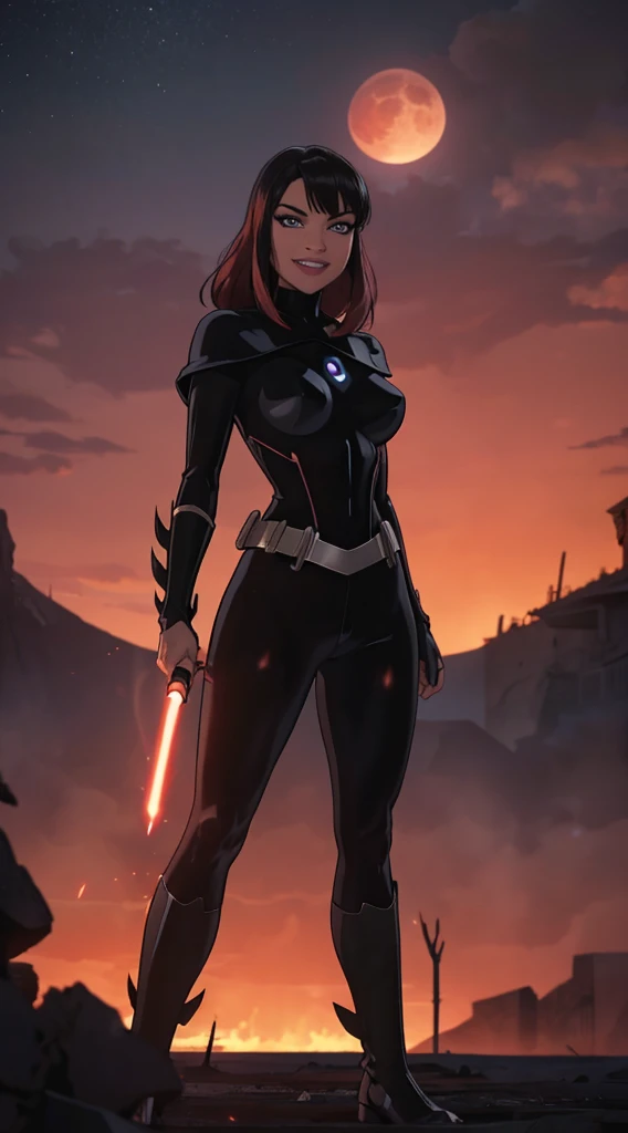 Beautiful female warrior stands with lightsaber in burnt field at night　Turn、Look at me with a sexy smile　　Bright red sky, Big Moon　Smooth black hair　full body Esbian　Looking at the camera, crystal ball shinning eyes, have waved with wind, eyelashes 