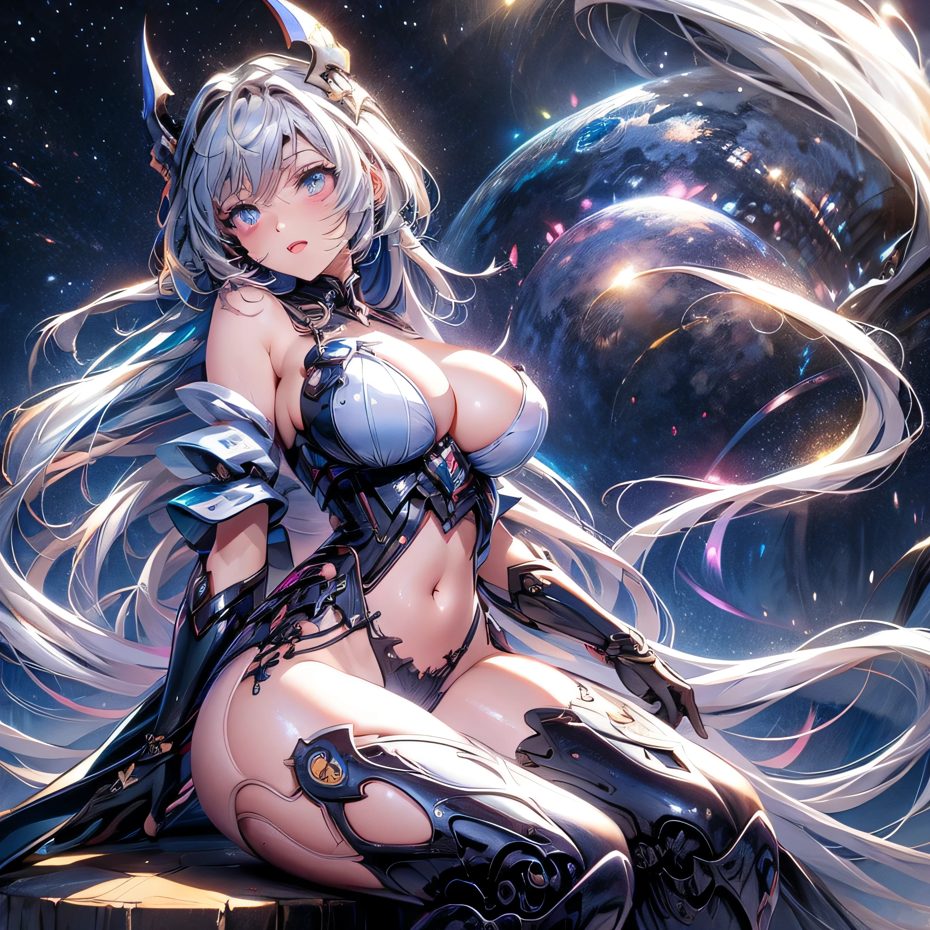 highest quality Ultra-high resolution white hair Long Hair Skin color: white White Eyes white 純white moon Starry Sky bow Big Tits Beautiful Girl sick cool crystal