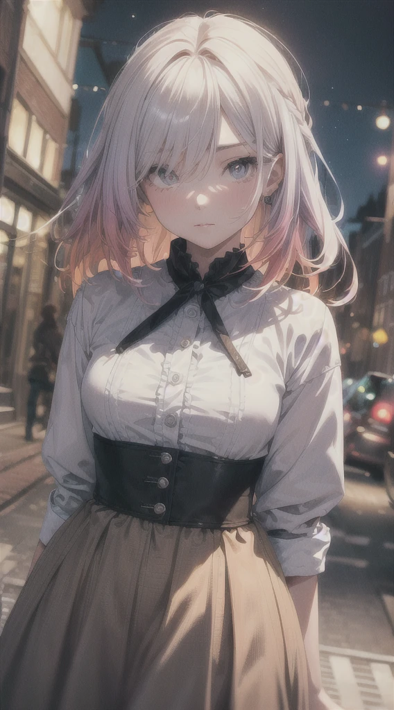 (gradient hair, dutch angle:1.3), film grain, chromatic aberration, city centre, masterpiece, best quality, raw photo, photorealistic, absurdres, 1girl, cute, perspective, cowboy shot, highres, ultra detailed, finely detail, detailed eyes and face, sharp pupils, realistic pupils, sharp focus, summer, night,