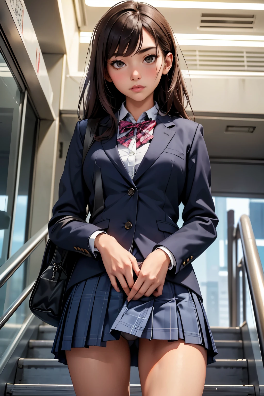 ((highest quality)), ((masterpiece)), (be familiar with), High school girl riding an escalator on her way home from club activities、brown hair、Navy blazer、Grey plaid skirt、navy blue socks、School bag、Back view、covert photography、Holding the skirt with your hands、(View from directly below)、navy blue socksのクローズアップ、mangaコマ割り、Manga style、manga、Station escalator、(crotch peek:1.4)