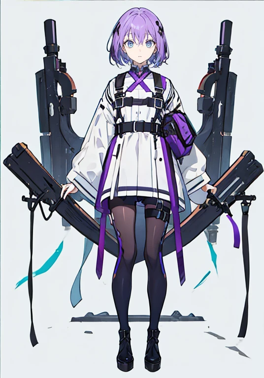 Purple-haired girl,short hair,,Harness,,Simple Background,smile,whole body,whole body,Standing posture,Portraits,virtual,front,viewer&#39;s eyes,視線をfrontに,