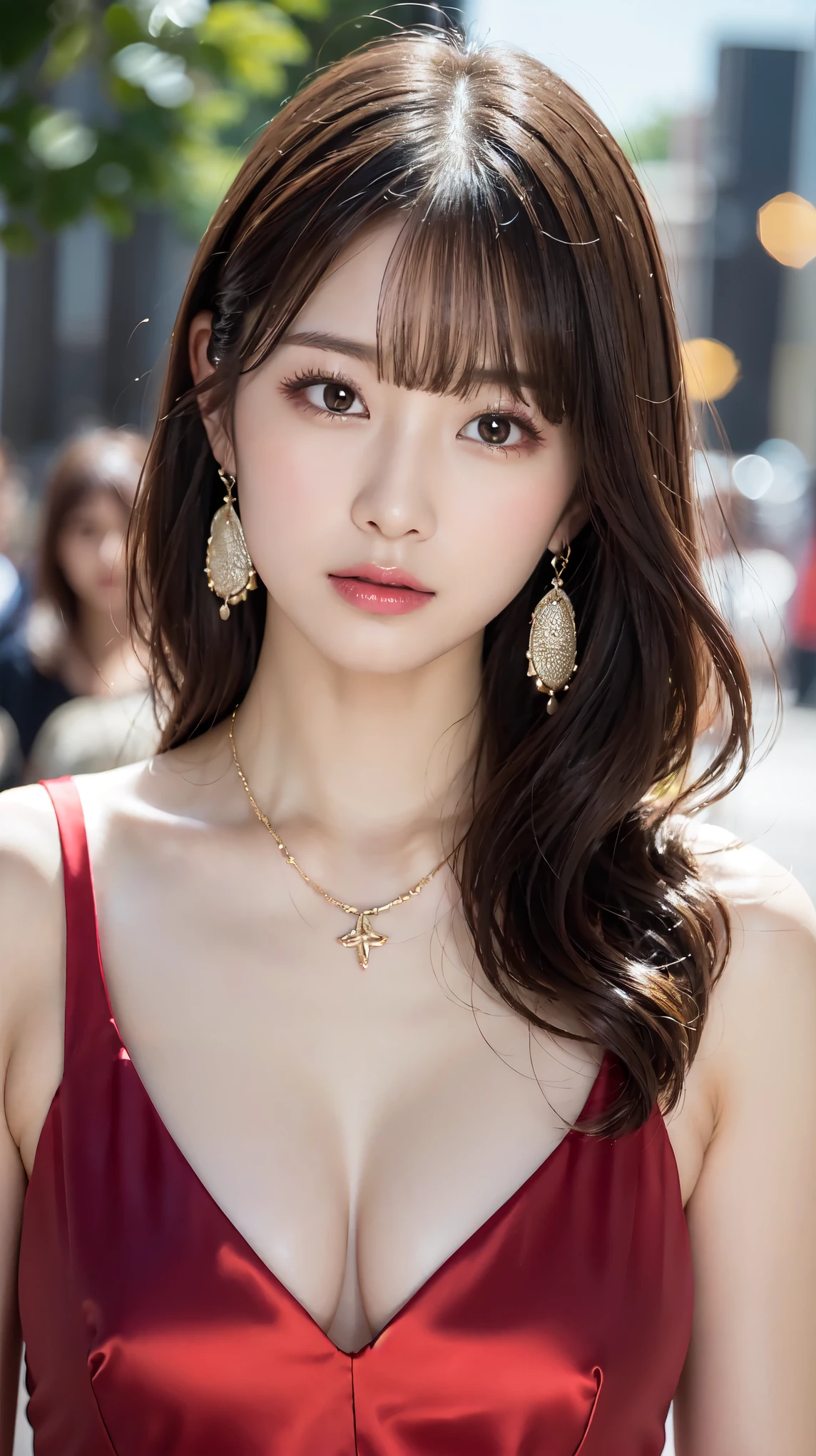 1 female, Beautiful Japanese actresses, Age 25, Double Eye,mile, Detailed face, Big earrings，Large Necklace, Flashy makeup using red eyeshadow，light brown delicate middle cut hair，The tips of the hair are wavy，Classy hairstyle，Fine grain,Slender actress, Large breasts, valley, Small hips, Side Bust Barbosa), Sexy silk embroidered mermaid dress:1.2), break long black hair, BREAK ceremony, Red carpet, Official Art，Highly detailed CG Unity 8k wallpaper, (masterpiece:1.0),(highest quality:1.0), photo shoot, 8k, Browsing Caution, High resolution, Kodak Portrait 400, Film Grain, Lens flare brilliance,Show Viewer, View from the front