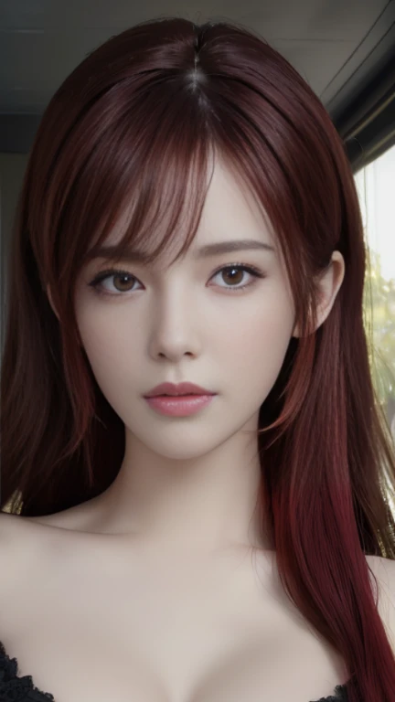 (masterpiece:1.3), (8k, Realistic, RAW Photos, highest quality: 1.4), (One girl), Beautiful Face, (Realistic Face), (Red hair, Long Hair:1.3), Beautiful hairstyle, Realistic eyes, Beautiful fine details, (Realistic Skin), Beautiful Skin, Absurd, Big Breasts、Cleavage、Thighs、Charm, Ultra-high resolution, Ultra-realistic, Very detailed, Golden Ratio