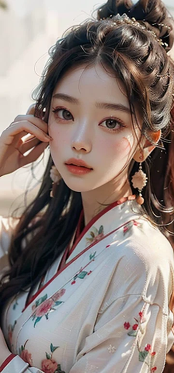 A young girl in Chinese clothing, (Close-up of her beautiful and clean face), Bathed in the warm sunlight, (A clear face with every pore and flaw meticulously depicted), Against a clean white background, (An epic masterpiece of super detail and exquisite craftsmanship), Ultra High Definition, (A work of art that showcases the very best in detail and clarity), 8k wallpaper, (Each strand of her hair and every thread on her clothing rendered in breathtaking detail), 32k.
