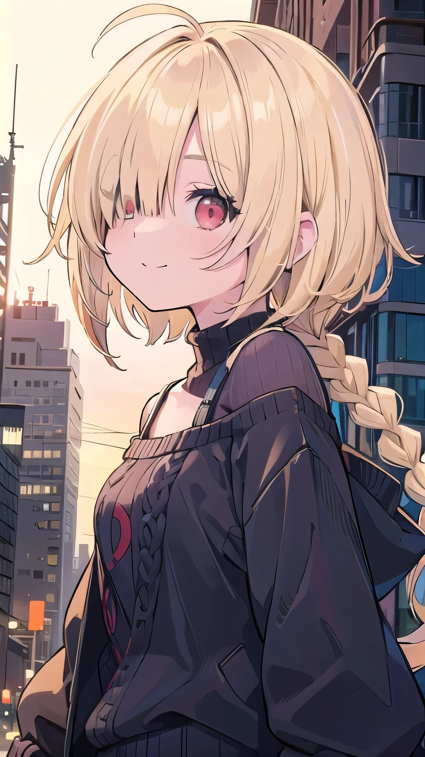 tits、City, In town, smile, Upper Body,  blonde　((((((hair over one eye)))))), Braid Styles, spiked hair, blunt bangs, bob hair, a braid, Ahoge　red eyes, Off the shoulder, Knitted sweater, From below, From the side, wariza 