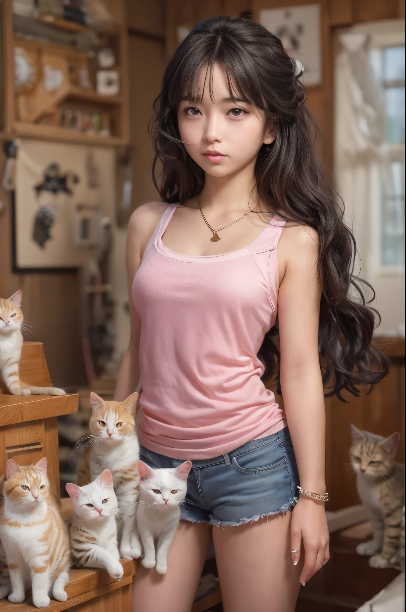 (RAW Photos:1.2), (Realistic), Beautiful detailed girl, Very detailed eyes and face, Beautiful fine details, Large file size, High resolution, Very detailed, highest quality, [Tabletop:1.6], figure, Very detailed, The finer details, highest quality, 8k wallpaper, Cinema Lighting, -yeld fee YouTuber from Japan, I have 10 cats., Cute eyes, Long wavy black hair,  White tank top,  Pink shorts, Woman's room with a cat, Cat Tower, Cat Toys, Cat nail clippers, living room, Small breasts,   Cat objects here and there, Everyday Scenes, Cat litter box, lots of cats, Bright expression,