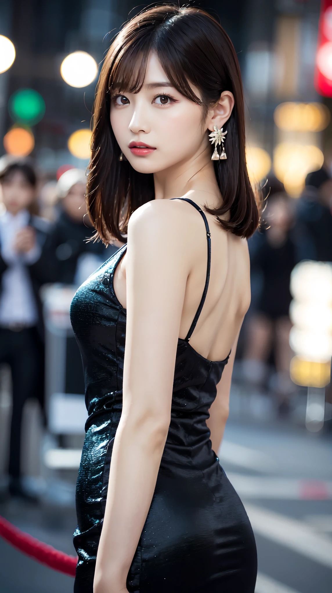 1 female, Beautiful Japanese actresses, Age 25, Double Eye,mile, Detailed face, Big earrings,Flashy makeup using red eyeshadow,light brown delicate middle cut hair,The tips of the hair are wavy,Classy hairstyle,Fine grain,Slender actress, Small hips, Side Bust Barbosa), Sexy silk embroidered mermaid dress:1.2), break long black hair, BREAK ceremony, Red carpet, Official Art,Highly detailed CG Unity 8k wallpaper, (masterpiece:1.0),(highest quality:1.0), photo shoot, 8k, Browsing Caution, High resolution, Kodak Portrait 400, Film Grain, Lens flare brilliance,Show Viewer