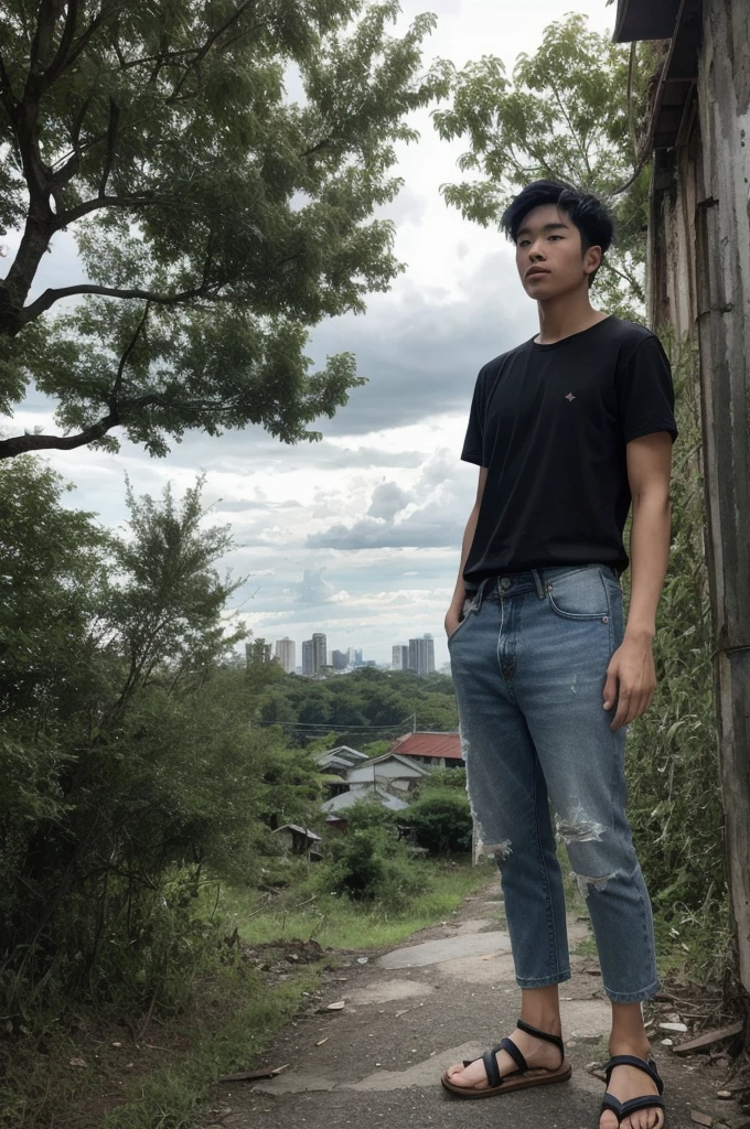 ,young thai man, looking at viewer, neat short cut hair standing, shirt, jeans, clouds, day, sky, outdoors, post-apocalypse, ruins, landscape, trees, water