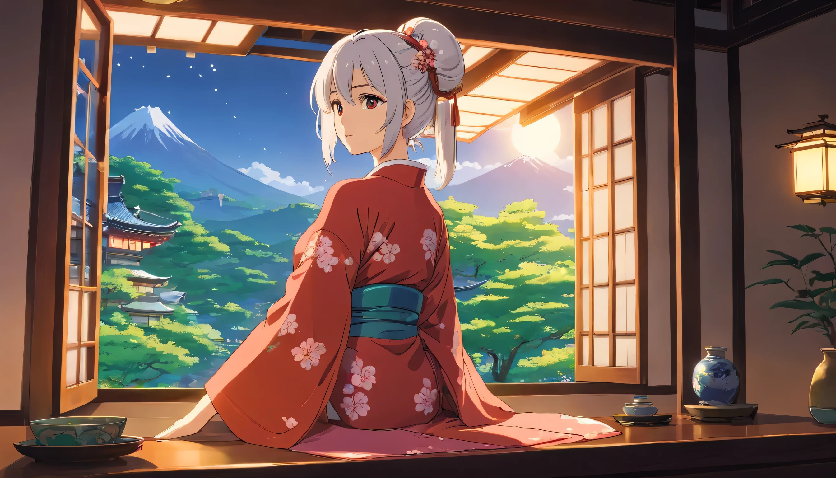 Anime girl looking out from Japanese room in front of window, Makoto Shinkai Cyril Roland, 4k anime wallpaper, anime art wallpaper 4k, Ilya Kuvshinov landscape, beautiful anime scenes, hd anime cityscape, amazing wallpaper, 4k anime wallpaper, anime wallpaper 4k by Yuumei, Character 1: woman with white hair and straight ponytail. Beautiful large breasts: 1.3, Sexy shot with gorgeous oiran in floral pattern, Japanese garden house, large windows, Japanese garden cherry blossom lights up at night