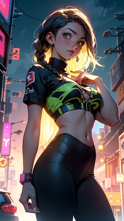 1girl, (((bimbo))),hoop earrings, big puffy lips, painted lips, thick lips.
Blonde hair, short twintails, grumpy, wide hips, thick thighs, perky breasts, bursting breasts, Nightlife, Night city, Cyberpunk city, futuristic cityscape. Neon lights, (skyscraper:1.1), Tokyo tower, palm tree, cloth sign, ramen stall, night club. bright city lights, exotic car. alcohol, bar, ramen, soup stall ,alcohol bottles, stomach blush, overflowing breasts, rounded stomach, pubic tattoo, word underbelly tattoo, cameltoe, gym shorts, sexy dolphin shorts, low hanging shorts, slutty yellow jacket, vagina liquid running down between thighs, no panties, pussy juice in between thighs, legs slightly apart, ruler tattoo, ruler tattoo with heart on top, pants fly open, covered nipples, hearts around stomach, hearts in groin, see through camisole, black camisole, from side, looking at viewer
