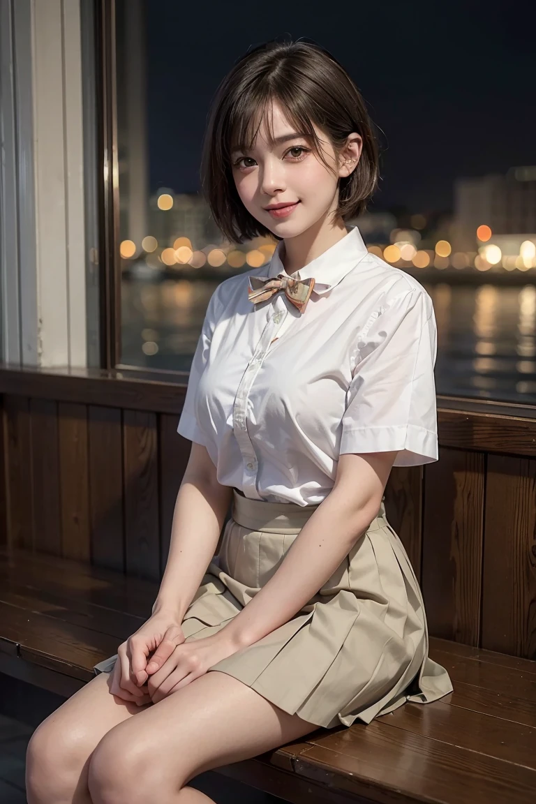 (8k, RAW photo, best quality, masterpiece:1.2), (realistic, photo-realistic:1.37), ultra-detailed, 1 girl,cute, solo,beautiful detailed sky,detailed cafe,night,sitting,dating,(nose blush),(smile:1.1),(closed mouth), medium breasts,beautiful detailed eyes,(collared shirt:1.1), bowtie,pleated skirt,(short hair:1.2),floating hair