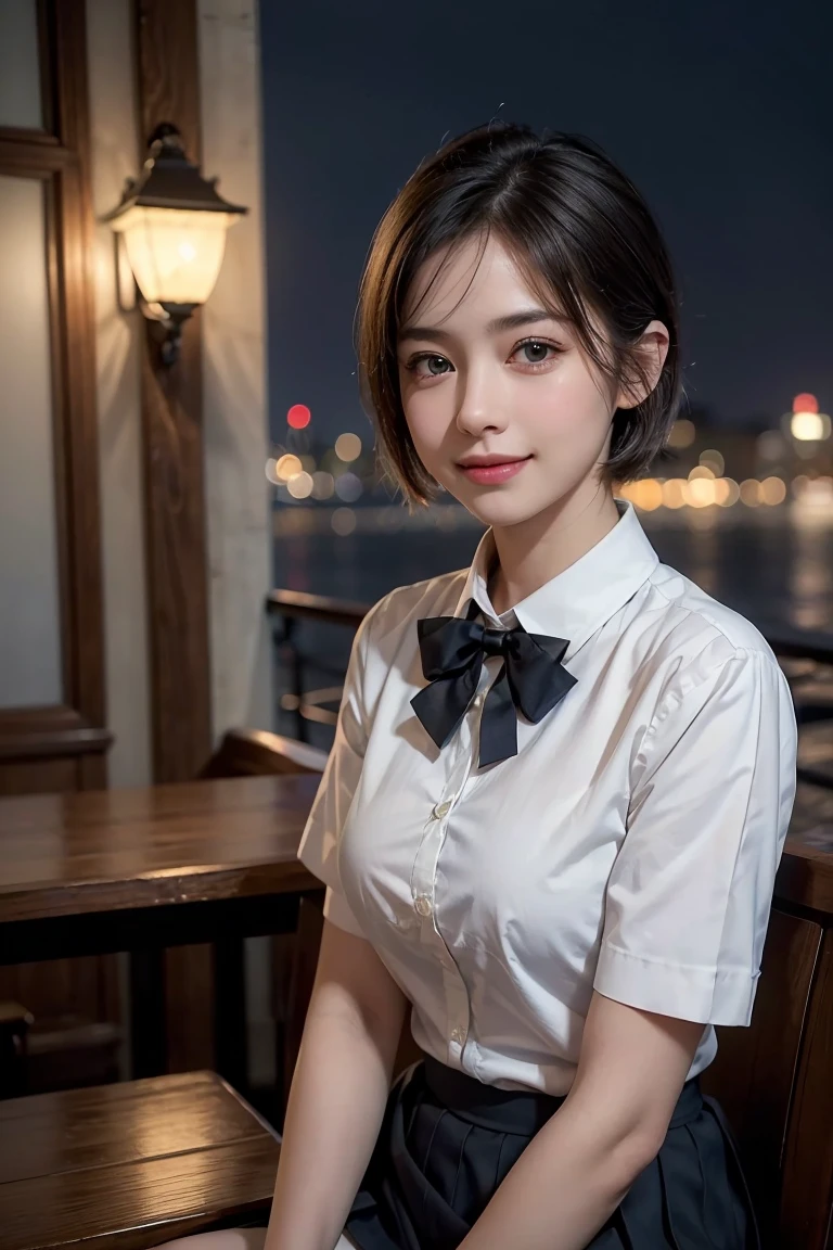 (8k, best quality, masterpiece:1.2), (SFW:1.3), (Practical, photo-Practical:1.37), Super detailed, 1 girl,Lovely, Solitary,Beautiful and detailed sky,Detail of cafe,night,sitting,Dating,(nose blushing),(Smile:1.1),(Shut up) Medium breasts,Beautiful and delicate eyes,(Collared shirt:1.1), bow tie,Pleated Skirt,(short hair:1.2),Flowing hair