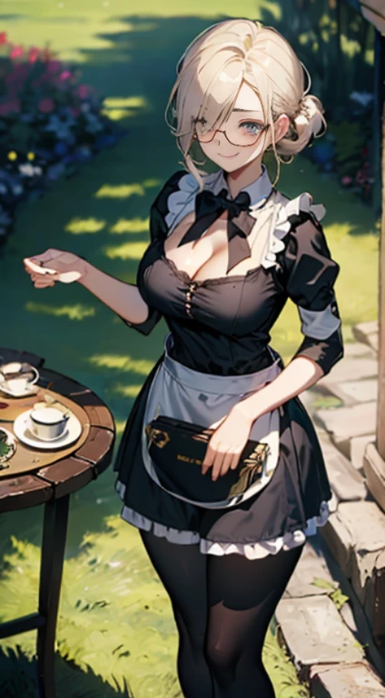 (best quality, masterpiece), (ultra high resolution, 8K RAW photo, photo realistics:1.5, textile shading, thin outline, clear focus:1.2), Beautuful Matured woman preparing tea-time in the garden, standing by the round table, (tea set, tea pot, tea cups, some cakes on dish), classy art deco style table, wearing light_brown maid uniform, breast cleavage, maid costume:1.2, long flare skirts, apron, bow ties on thechest, long tall sally, long legs, long white hair, (wearing thin-flame glasses:1.2), (milf:1.5, 28 years old, solo), (large breast, sagging breast, big tits, narrow waist), (medium short white hair, hair over one eye, (updo hair:1.2), side lock, asymmetric hair, wavy hair), (bright pupils, detailed eyes, high detailed face, Perfect face shape, eye rush), (seductitve smiling, half-closing eyes), (looking at viewers:1.3), (dynamic angle, full body, from above:1.2), ((correct anatomy:1.5, correct hands)), (ideal ratio of body proportions), (outdoor:1.2, grass field),