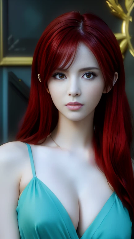 (masterpiece:1.3), (8k, Realistic, RAW Photos, highest quality: 1.4), (One girl), Beautiful Face, (Realistic Face), (Red hair, Long Hair:1.3), Beautiful hairstyle, Realistic eyes, Beautiful fine details, (Realistic Skin), Beautiful Skin, Absurd, Big Breasts、Cleavage、Thighs、Charm, Ultra-high resolution, Ultra-realistic, Very detailed, Golden Ratio