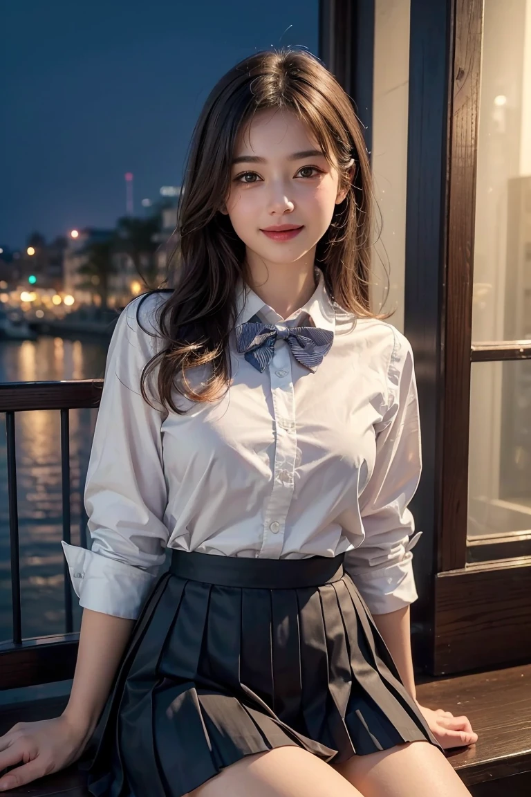 (8k, RAW photo, best quality, masterpiece:1.2), (realistic, photo-realistic:1.37), ultra-detailed, 1 girl,cute, solo,beautiful detailed sky,detailed cafe,night,sitting,dating,(nose blush),(smile:1.1),(closed mouth), medium breasts,beautiful detailed eyes,(collared shirt:1.1), bowtie,pleated skirt,(medium hair:1.2),floating hair