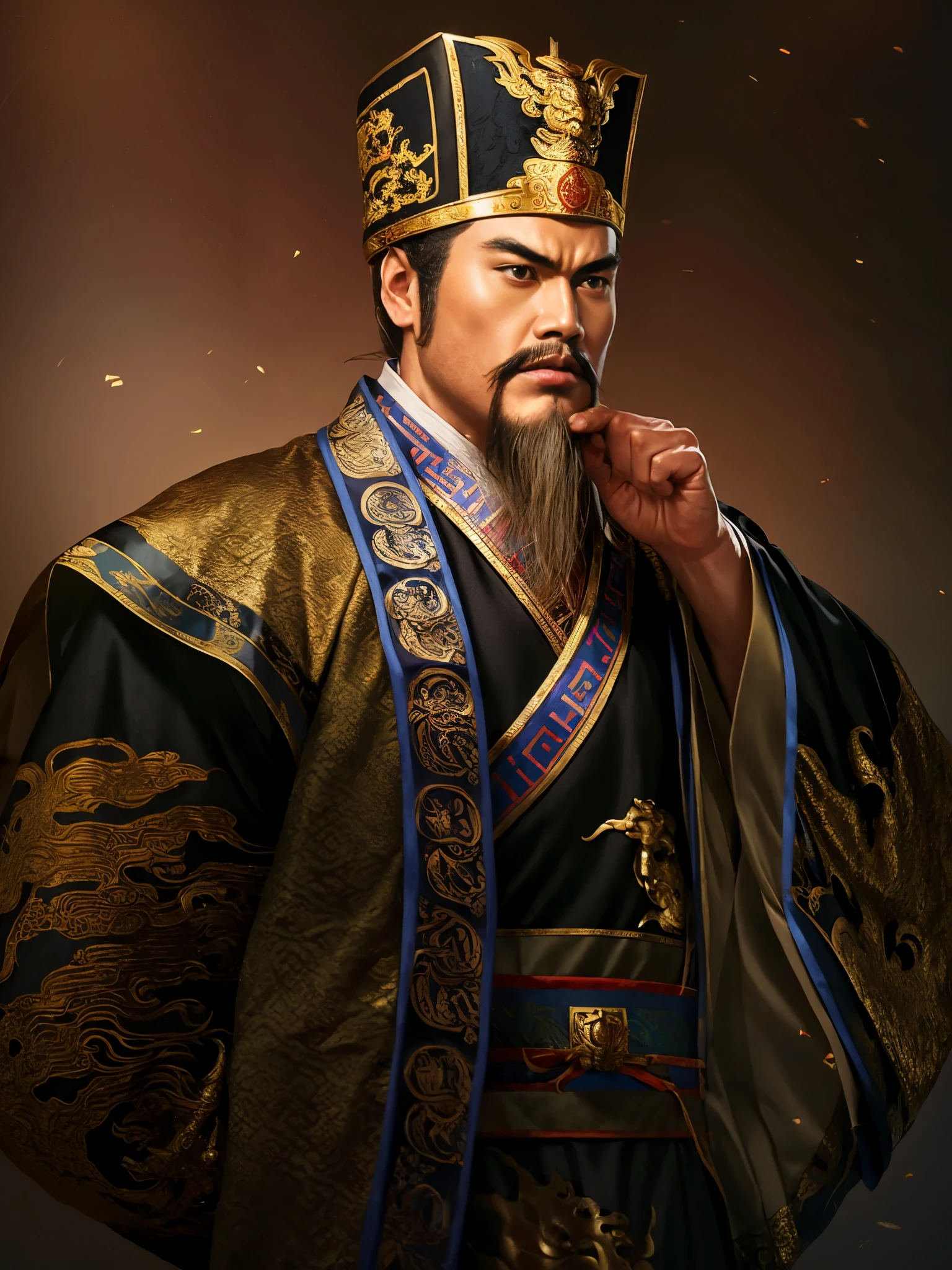 Wearing Chinese clothing、Aravud image of a man holding a sword, from three kingdoms, inspired by Cao Zhibai, China Three Kingdoms, dragon, Inspired by Emperor Xuande, liang xing, Inspired by Dong Yuan, portrait of the emperor of mankind, Inspired by Wu Bin, yang qi, Inspired by Li Kan, Inspired by Zhang Lu