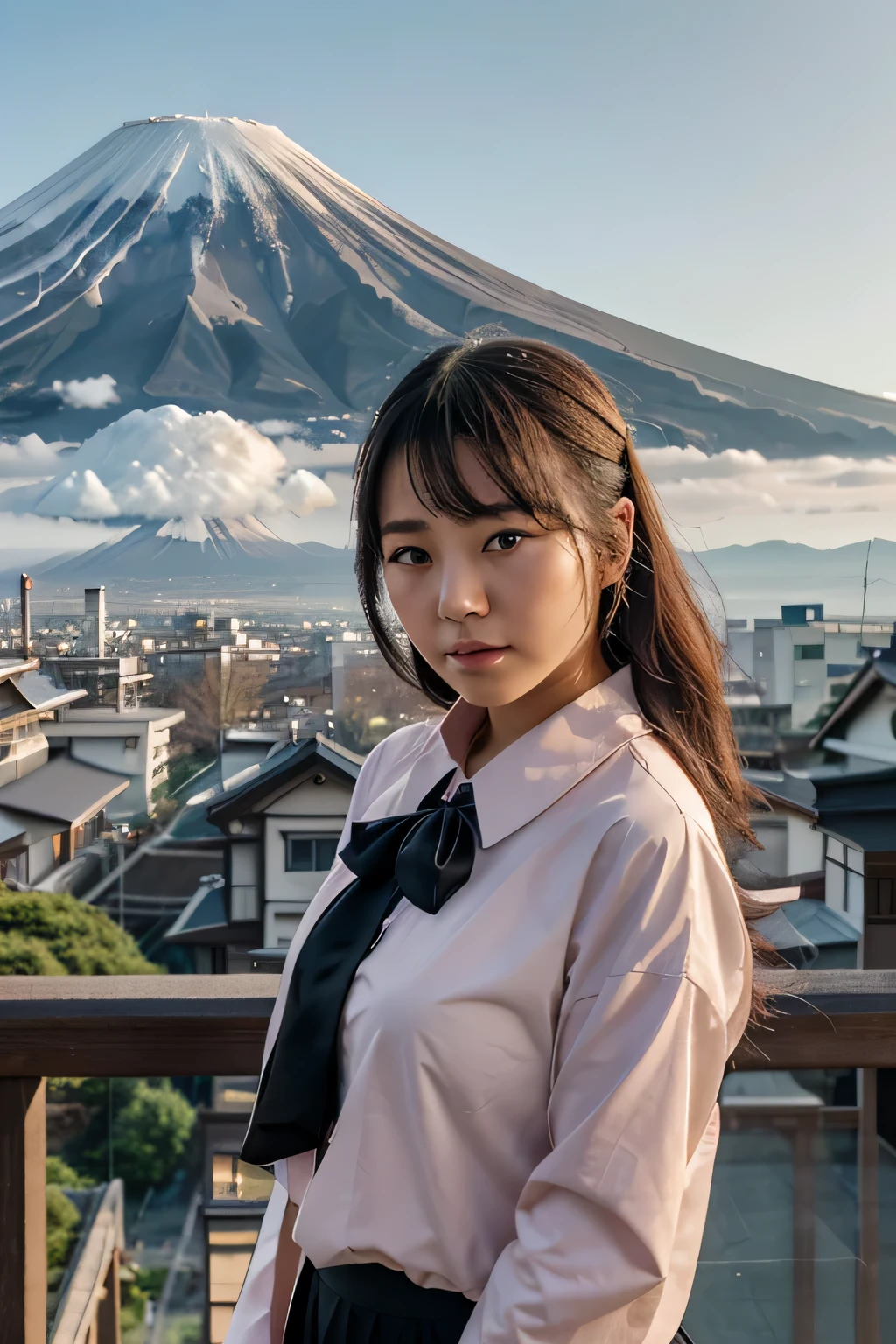 A Japanese girl who looks beautiful and smart. He is wearing formal attire. He is on top of a tall building and Mount Fuji is visible in the background. The air looks a little rosy and the surroundings look very lively. peaceful