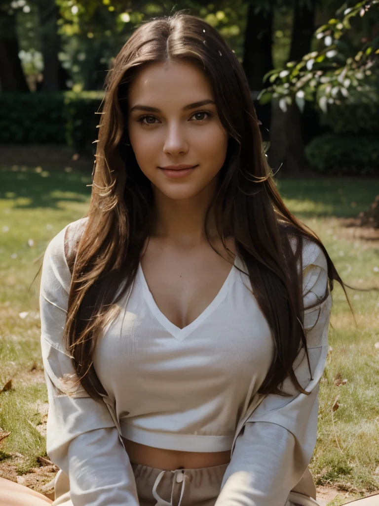photography of a autumn girl, in the park, wearing pink dress, enjoying, girl, autumn, hot girl, (((very heavy bust))), brunette hair, long_hair, looks into the camera, symmetrical face, photorealistic, photography, spectacular lighting,, gorgeous, cleavage, western, (masterpice), best quality, high resolution, extremely detailed, skin with pores, blurred background, depth of field, cinematic lighting,HANDS out of frame ALL body