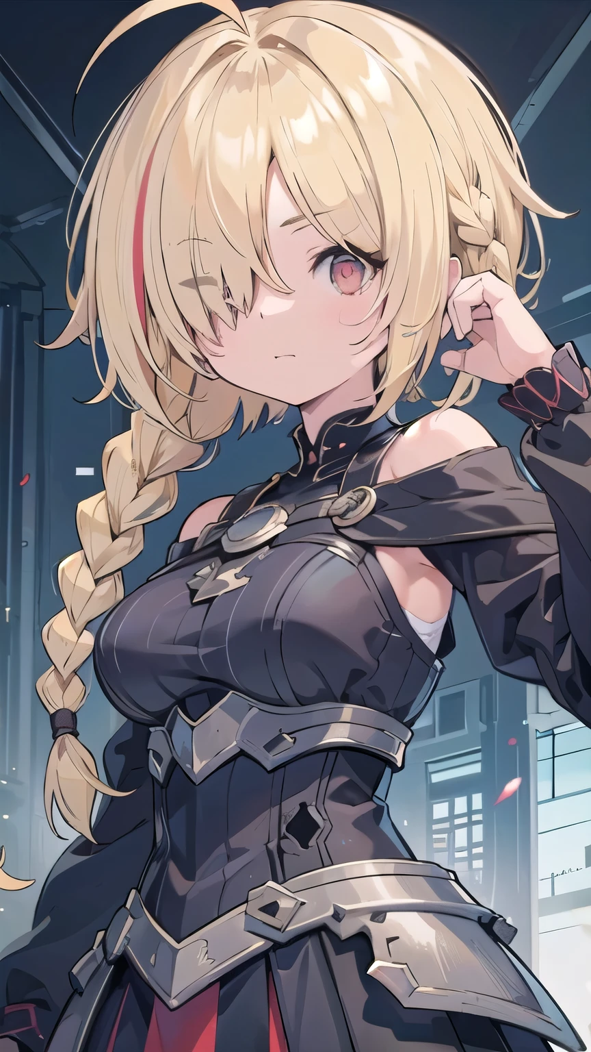 tits、glaring, angry, face palm、breasts close up, blonde ((((((hair over one eye)))))), Braid Styles, spiked hair, blunt bangs, bob hair, a braid, Ahoge red eyes, , (From below), From the side, armored dress, Off the shoulder